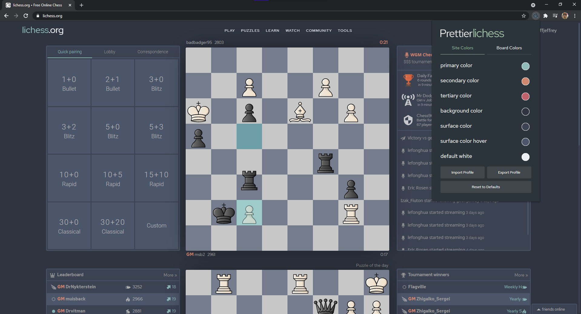 Screenshot of homepage with prettierlichess enabled