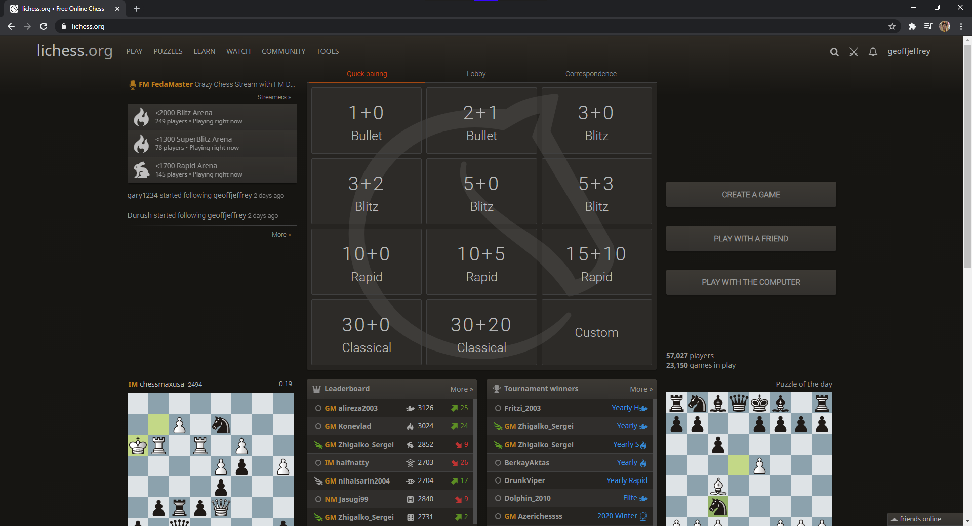 Screenshot of default lichess homepage