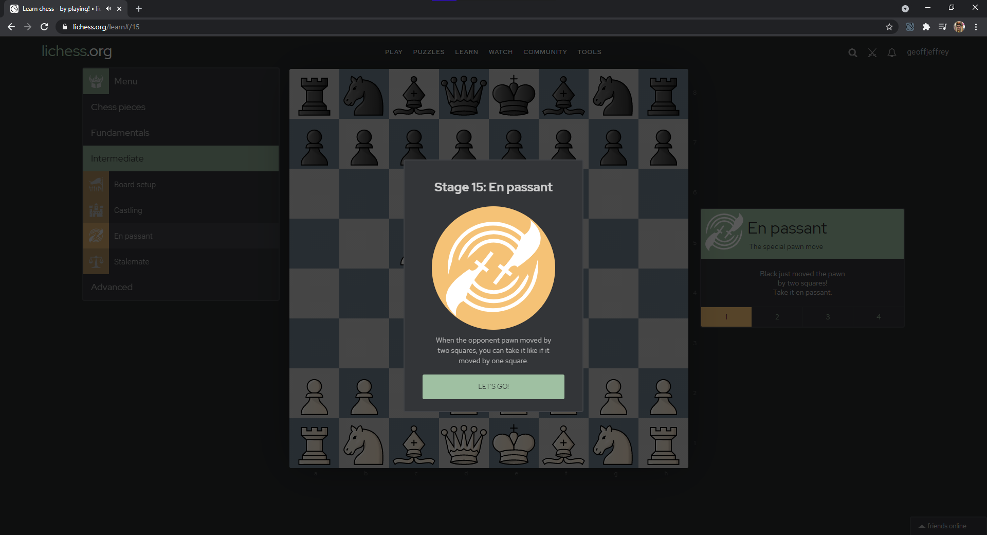 Screenshot of learn section with prettierlichess enabled